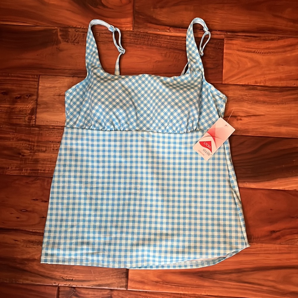 NWT Lands End Aqua Blue Gingham Tankini Top Sz10